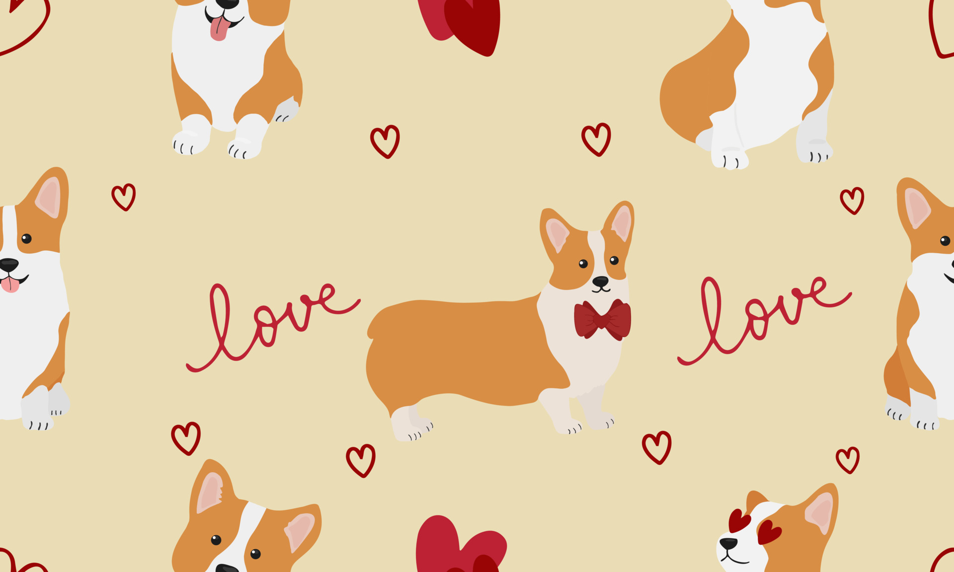 Seamless patten with corgis and hearts. Background for wrapping paper