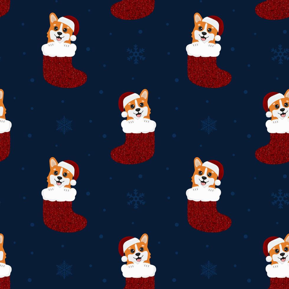 de patrones sin fisuras con corgis en calcetín de navidad. fondo para envolver papel, tarjetas de felicitación y diseños de temporada. Feliz navidad y próspero año nuevo. vector