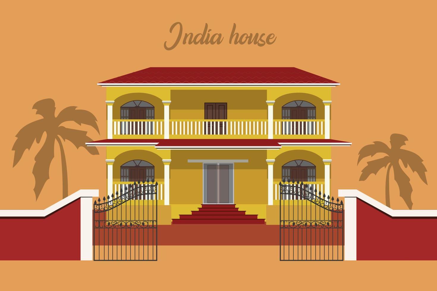 House with palm tree India flat vector illustration. A house with several floors in India on a neutral background with palm trees.