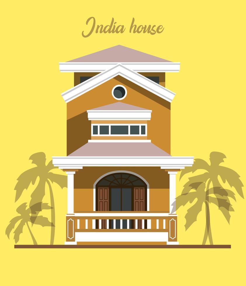 House with palm tree India flat vector illustration. A house with several floors in India on a neutral background with palm trees.