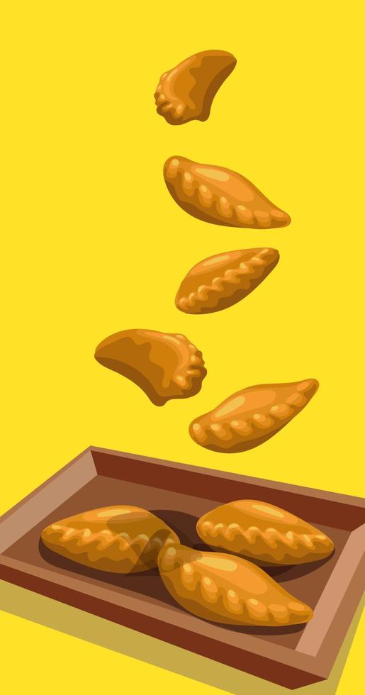 ilustración de la caída de empanadas en un recipiente de madera. todo sobre un fondo amarillo. adecuado para imprimir un volante, una pancarta para unas vacaciones, una postal, cualquier información impresa. vector