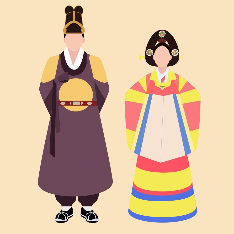 hombres y mujeres con hermosas ropas tradicionales coreanas, hanbok. trajes tradicionales coreanos. ropa popular coreana para reyes. ilustración vectorial en un estilo de diseño plano. el diseño es sencillo. reyes vector