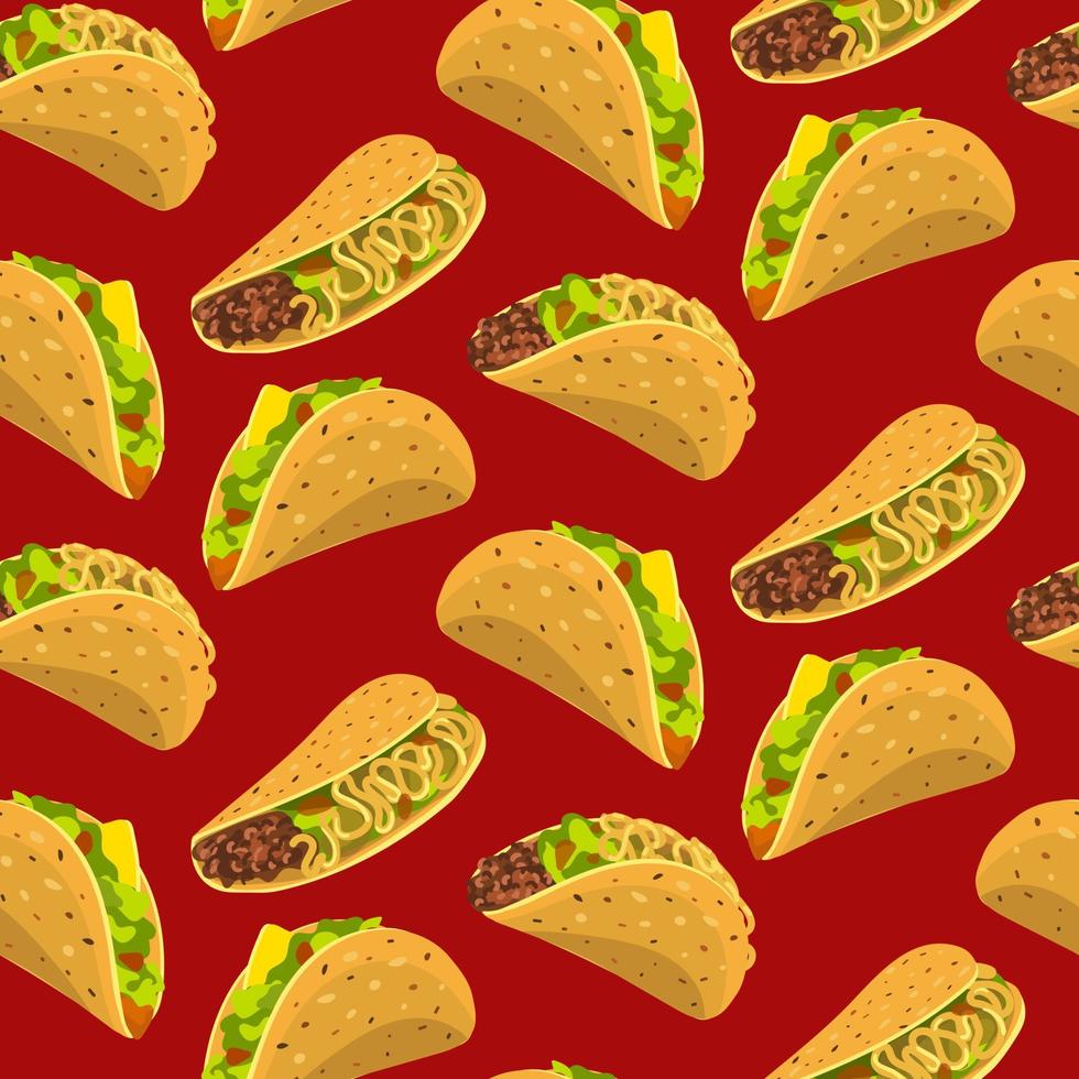 A pattern from an illustration with a Taco. Tacos are chaotic on a red background. Suitable for printing a flyer, a banner for a holiday, a postcard, any printed information. Holiday packing. Kitchen vector