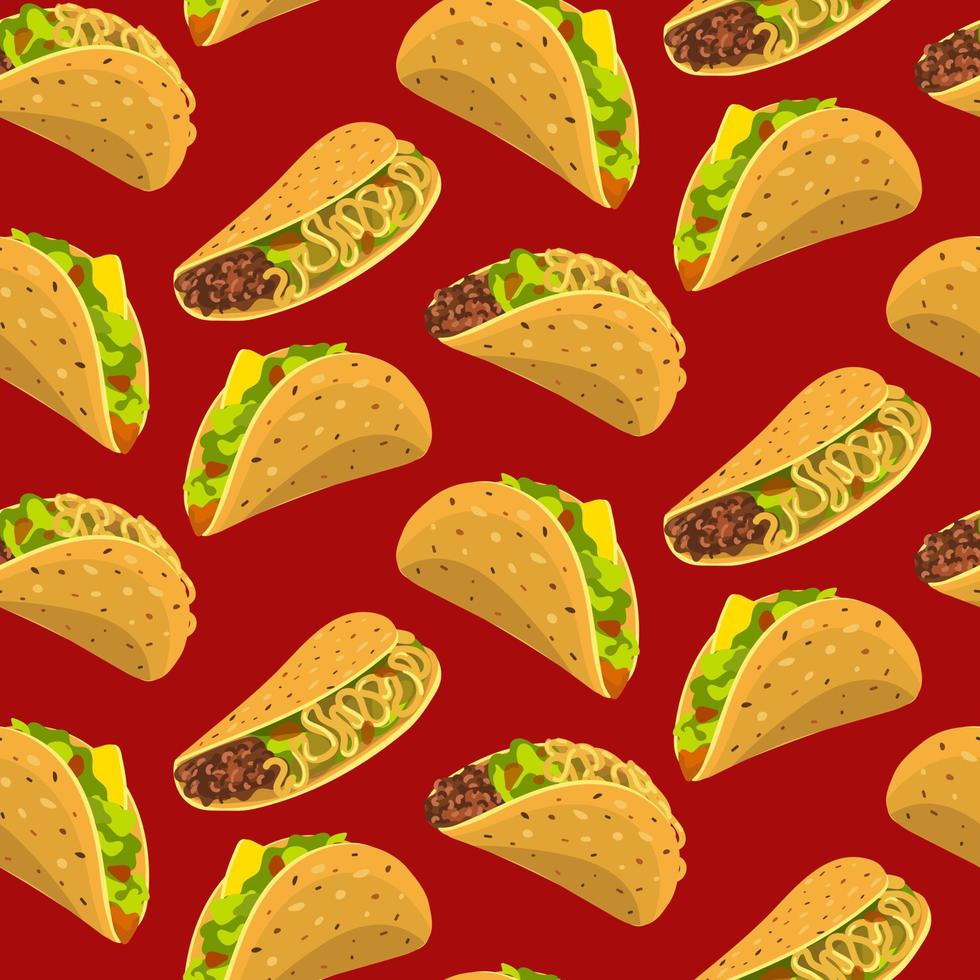 A pattern from an illustration with a Taco. Tacos are chaotic on a red background. Suitable for printing a flyer, a banner for a holiday, a postcard, any printed information. Holiday packing. Kitchen vector