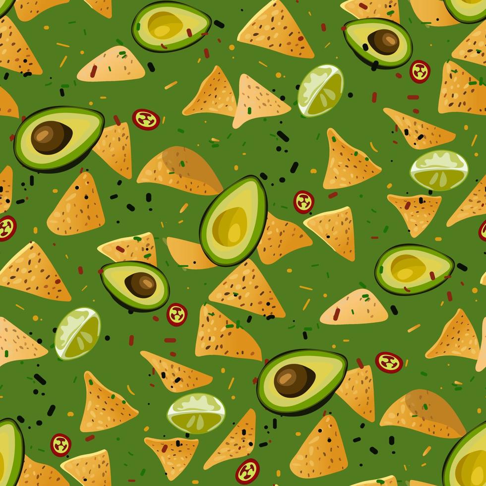 comida mexicana con especias. un patrón de salsa de guacamole y nachos en una mezcla que cae sobre un fondo verde. adecuado para la impresión en textiles y papel. pancarta, folleto, embalaje vector