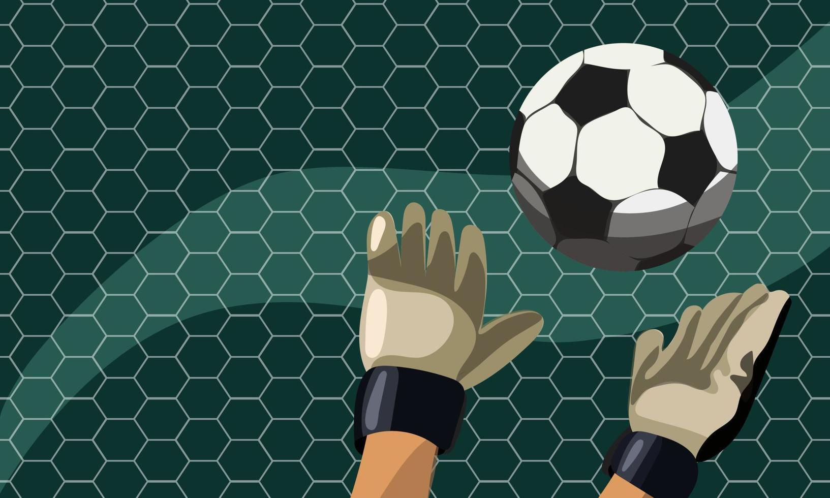 The ball flies into the goal. Gloves catch the ball. The grid is white on a blue background. Football game and goal. The topic of football. The movement of the ball along the line. Print banner, flyer vector