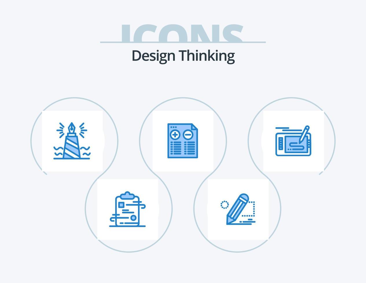 Design Thinking Blue Icon Pack 5 Icon Design. plus. document. tablet. edit. writing vector