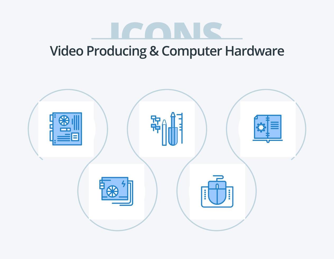 Video Producing And Computer Hardware Blue Icon Pack 5 Icon Design. equipment. custom. computer. reapair. mother vector