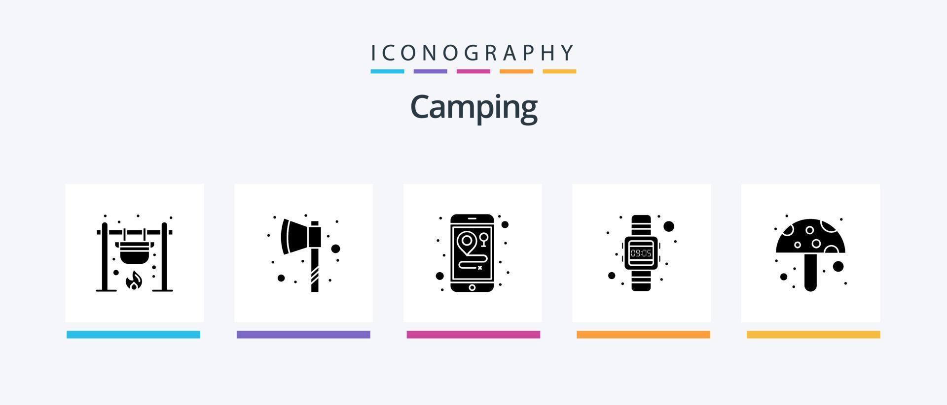 Camping Glyph 5 Icon Pack Including mushroom. food. location. hand watch. time. Creative Icons Design vector