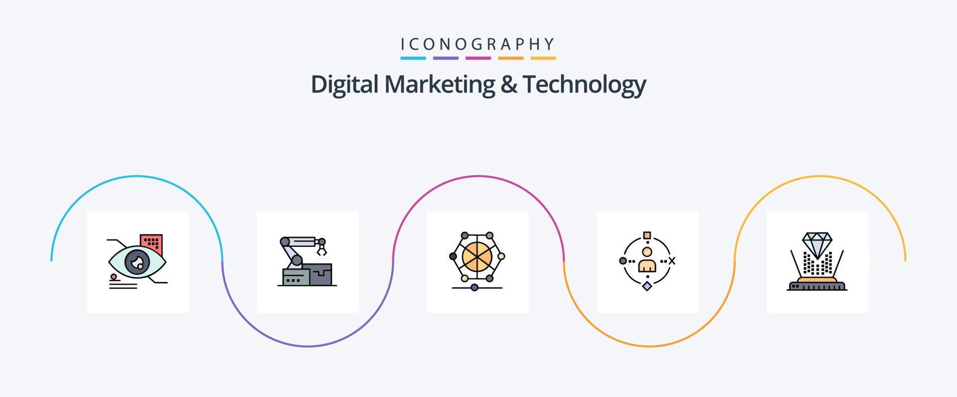 Digital Marketing And Technology Line Filled Flat 5 Icon Pack Including projection. experiance. machine. technology. ambient vector