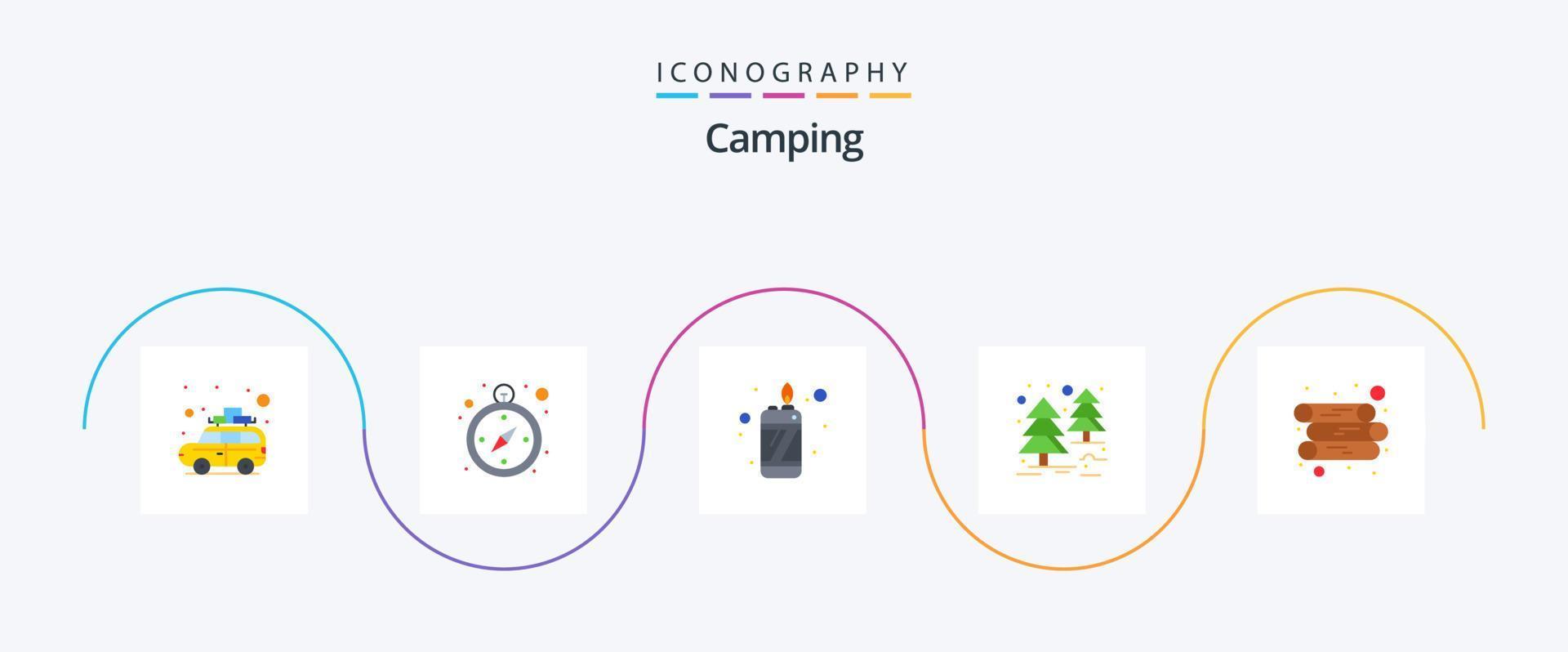 paquete de iconos de camping flat 5 que incluye. madera. fuego. Iniciar sesión. árbol vector