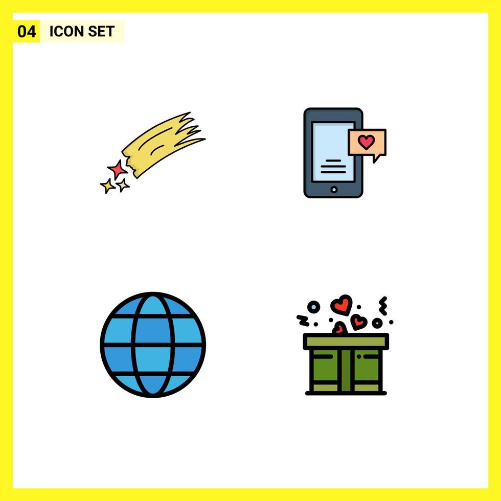 Mobile Interface Filledline Flat Color Set of 4 Pictograms of asteroid earth space chat globe Editable Vector Design Elements