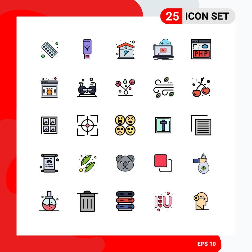 Mobile Interface Filled line Flat Color Set of 25 Pictograms of video online signal game energy Editable Vector Design Elements