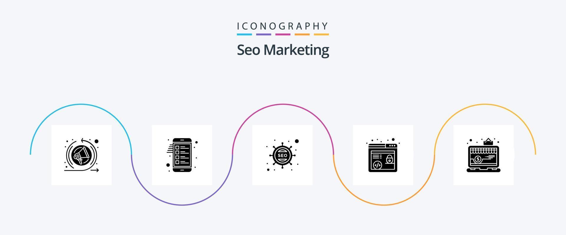 Seo Marketing Glyph 5 Icon Pack Including laptop. online. optimization. app. marketing vector