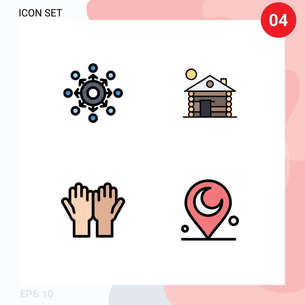 4 User Interface Filledline Flat Color Pack of modern Signs and Symbols of network muslim team building prayer Editable Vector Design Elements