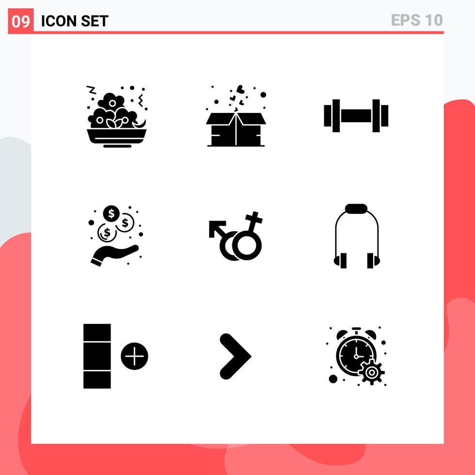 Group of 9 Solid Glyphs Signs and Symbols for male gender gym revenue income Editable Vector Design Elements