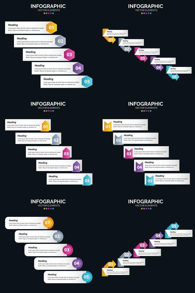 plantilla de diapositiva de presentación del paquete de infografías vectoriales 6 diagramas de ciclo de 5 pasos y líneas de tiempo vector