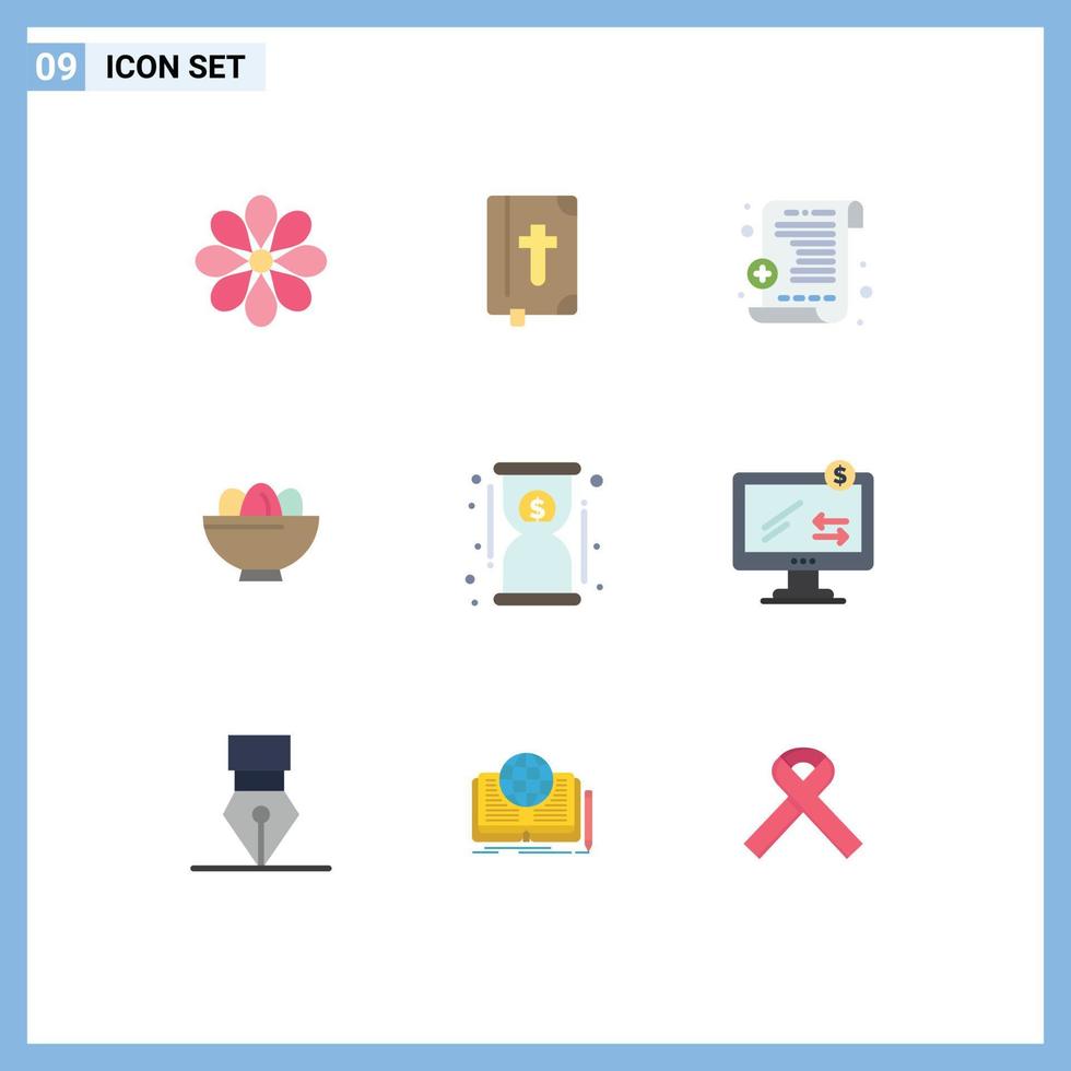 User Interface Pack of 9 Basic Flat Colors of hourglass nest holiday egg celebration Editable Vector Design Elements