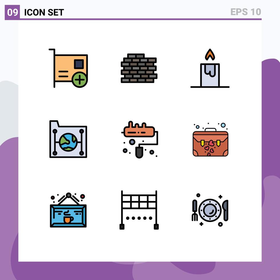Group of 9 Modern Filledline Flat Colors Set for roller brush candle network document Editable Vector Design Elements
