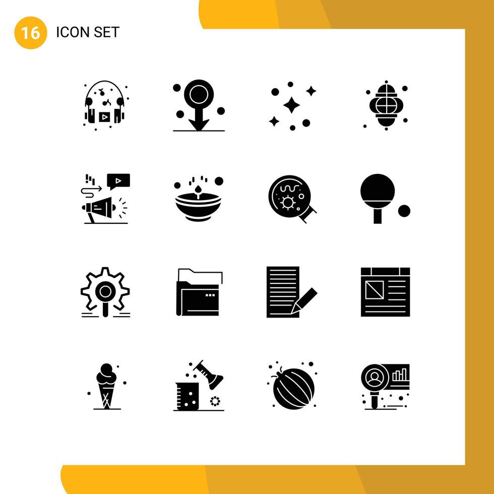 Set of 16 Vector Solid Glyphs on Grid for audio festival galaxy lamp light Editable Vector Design Elements