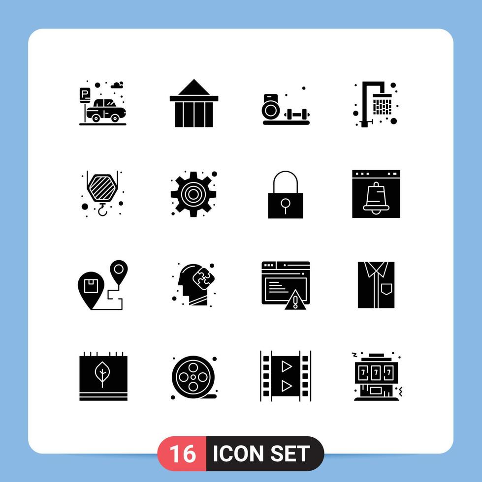 16 User Interface Solid Glyph Pack of modern Signs and Symbols of hook construction hobbies fresh shower Editable Vector Design Elements