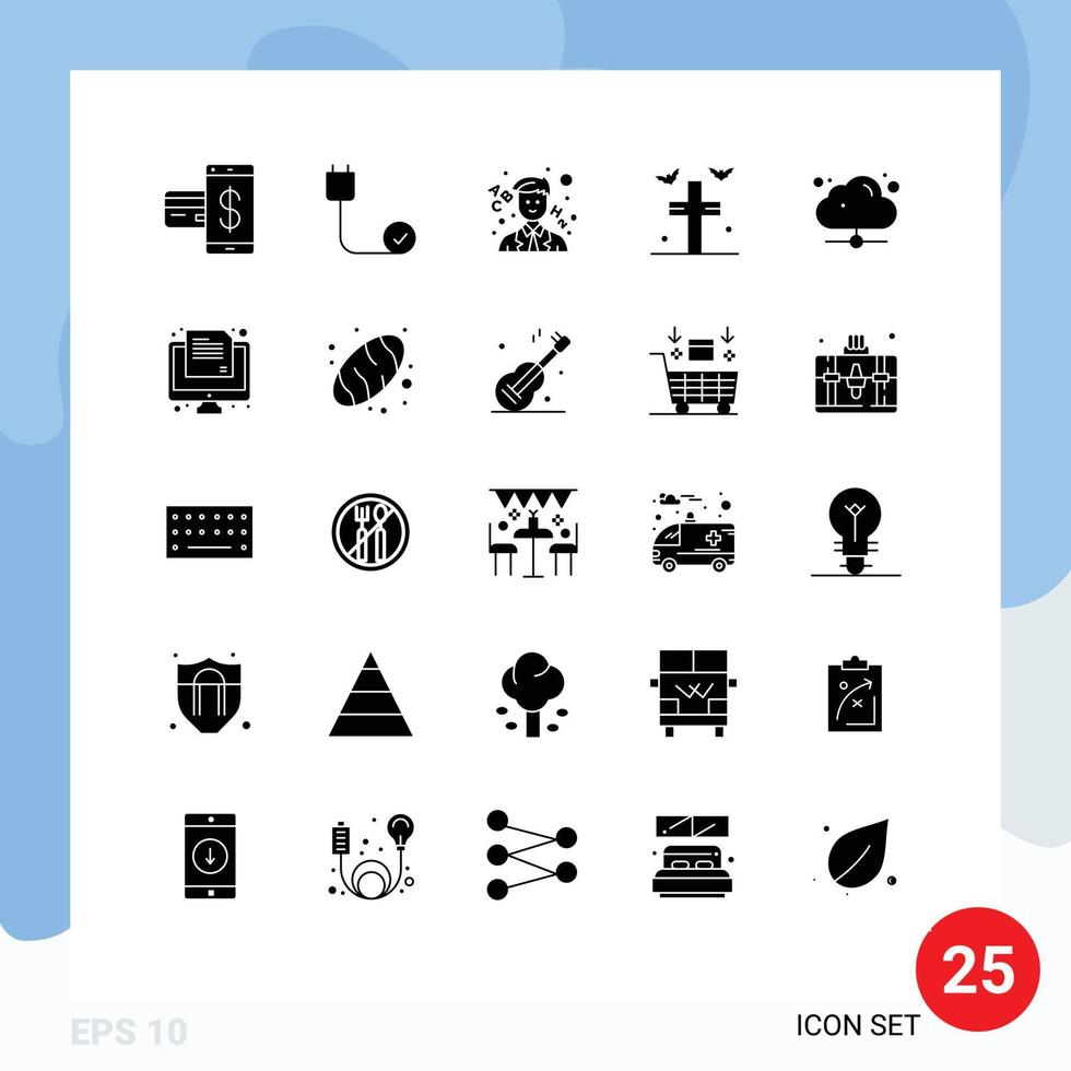 25 User Interface Solid Glyph Pack of modern Signs and Symbols of cloud rip devices grave teacher Editable Vector Design Elements