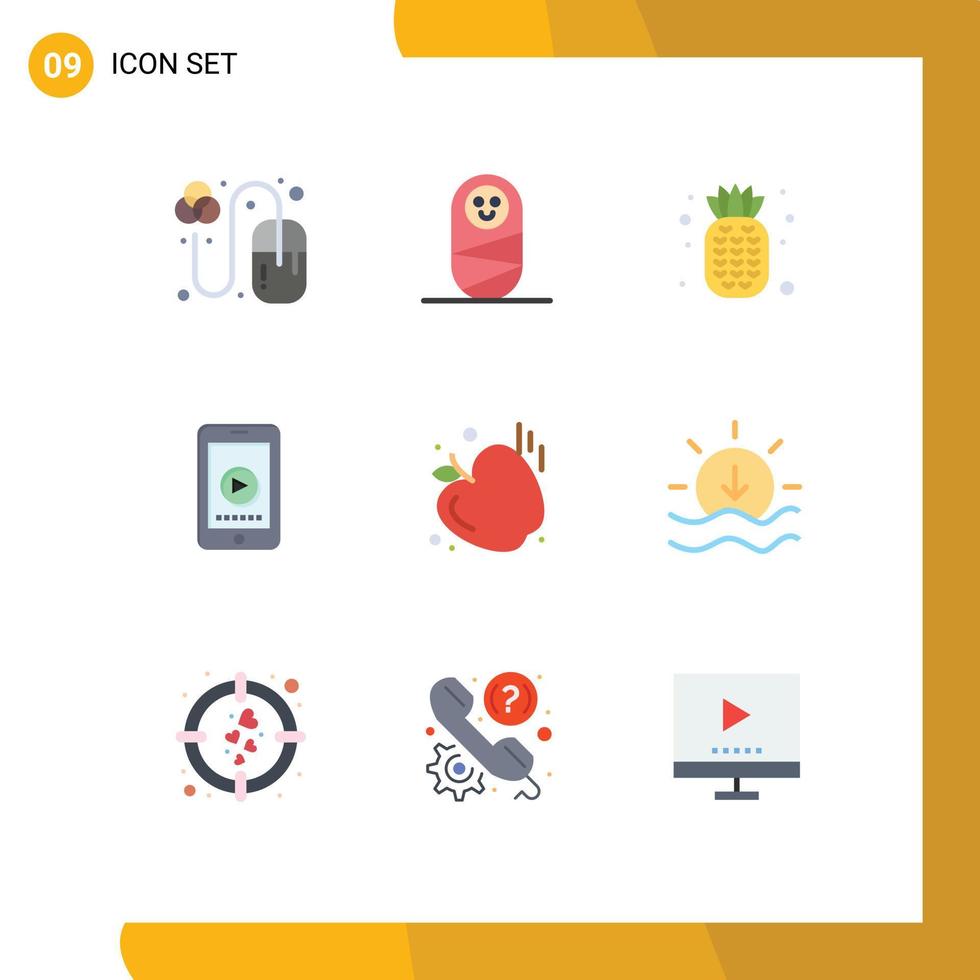 Pictogram Set of 9 Simple Flat Colors of sunset apple pineapple food vedio Editable Vector Design Elements