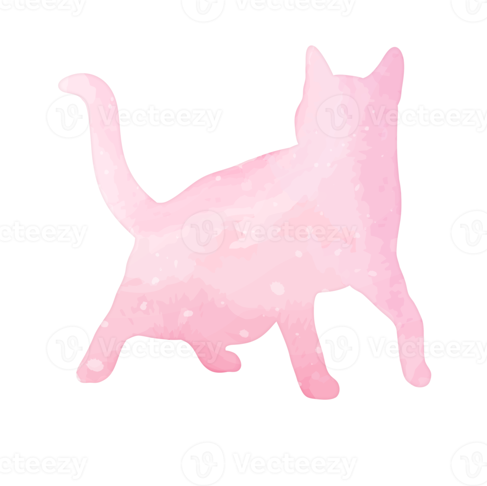 Watercolor pastel cat with splatter silhouette painting clipart png