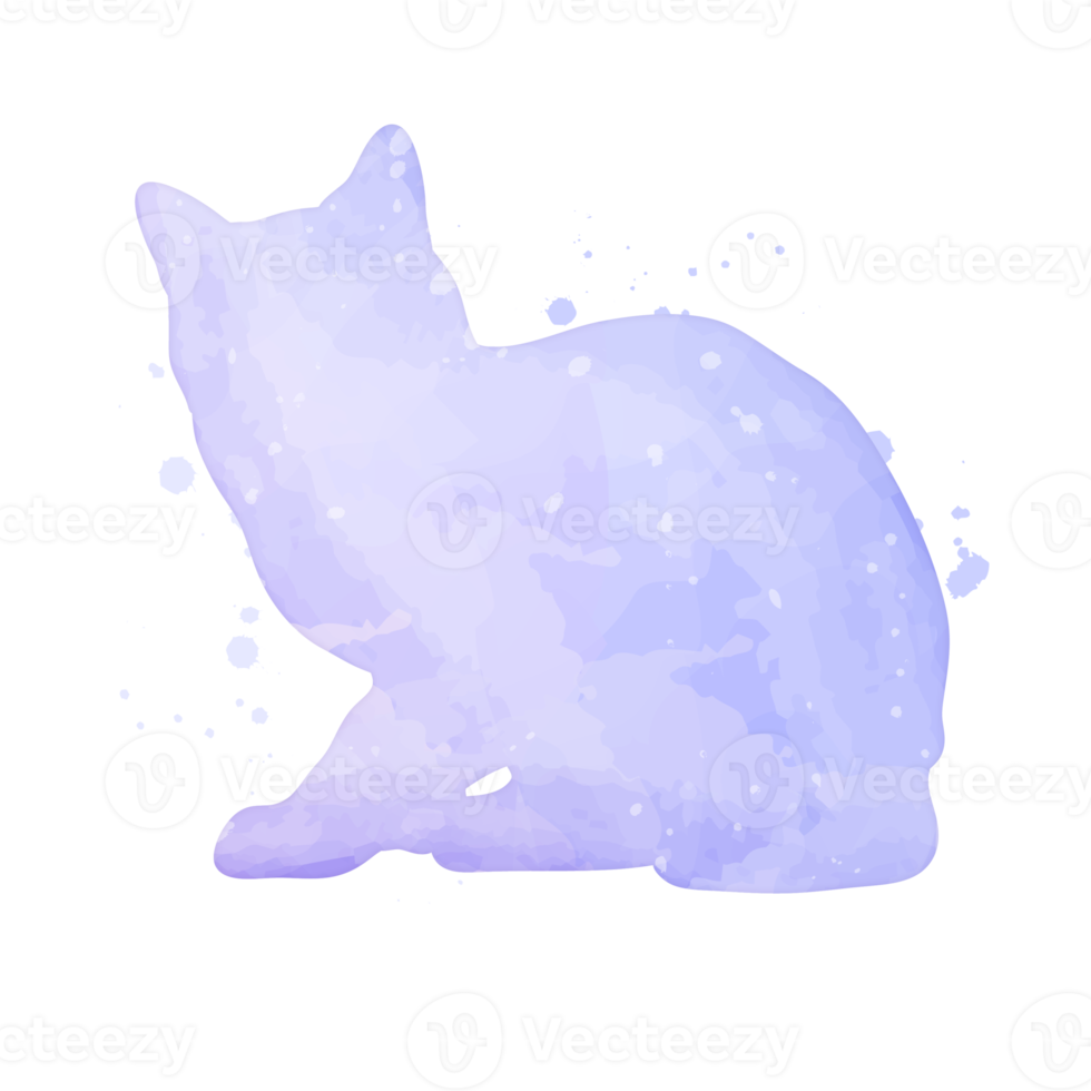 Watercolor pastel cat with splatter silhouette painting clipart png