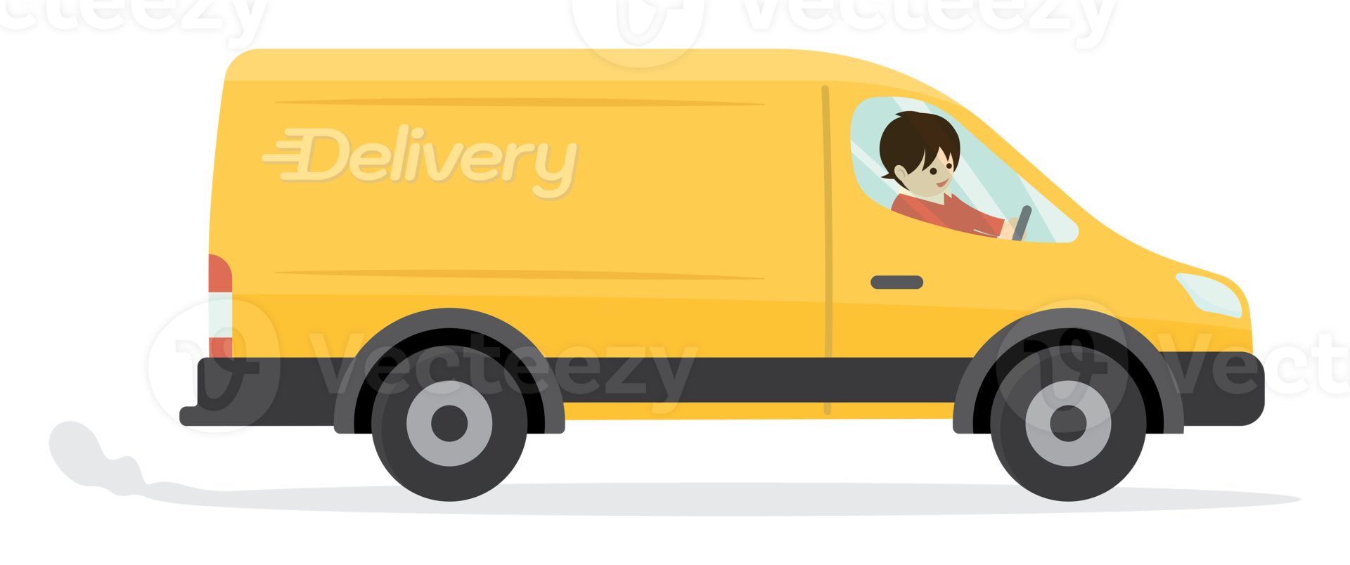 Delivery truck van with courier cartoon isolated. Illustration of yellow truck delivery flat design. png