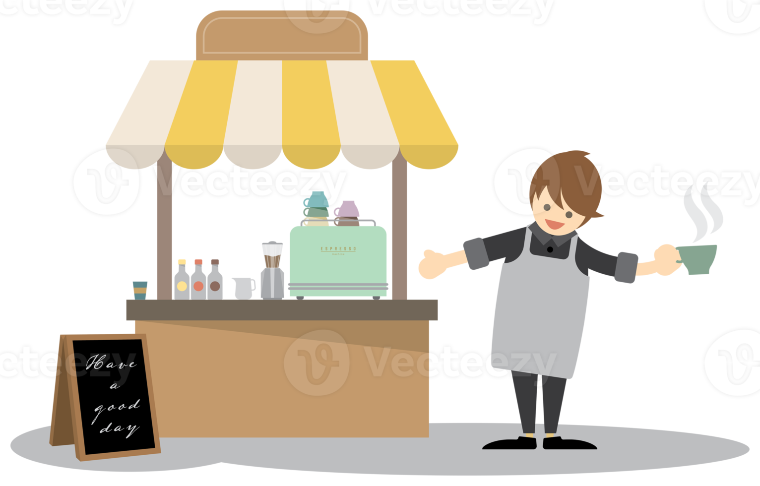 Barista with a cup of hot drinks and coffee shop kiosk illustration. Street cafe flat design. png