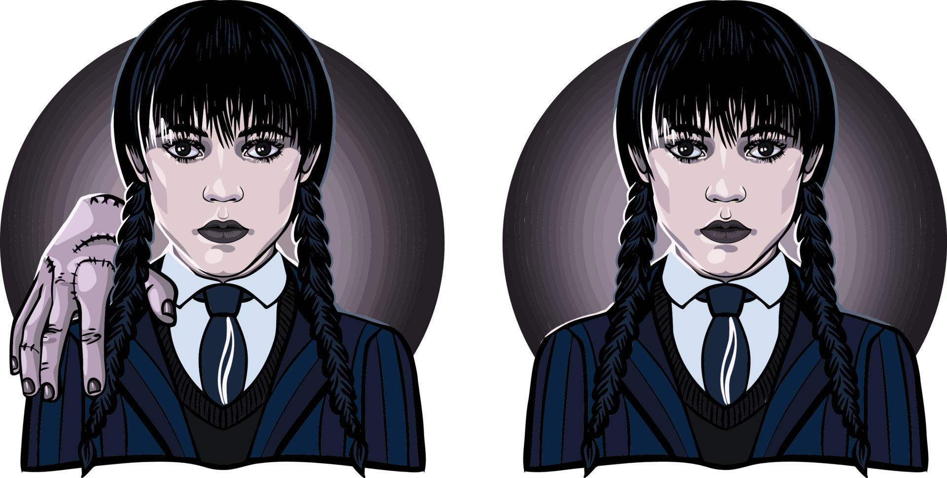 miércoles. feliz Halloween. chica con trenzas. vector. ilustración de miércoles addams. concepto de miércoles vector