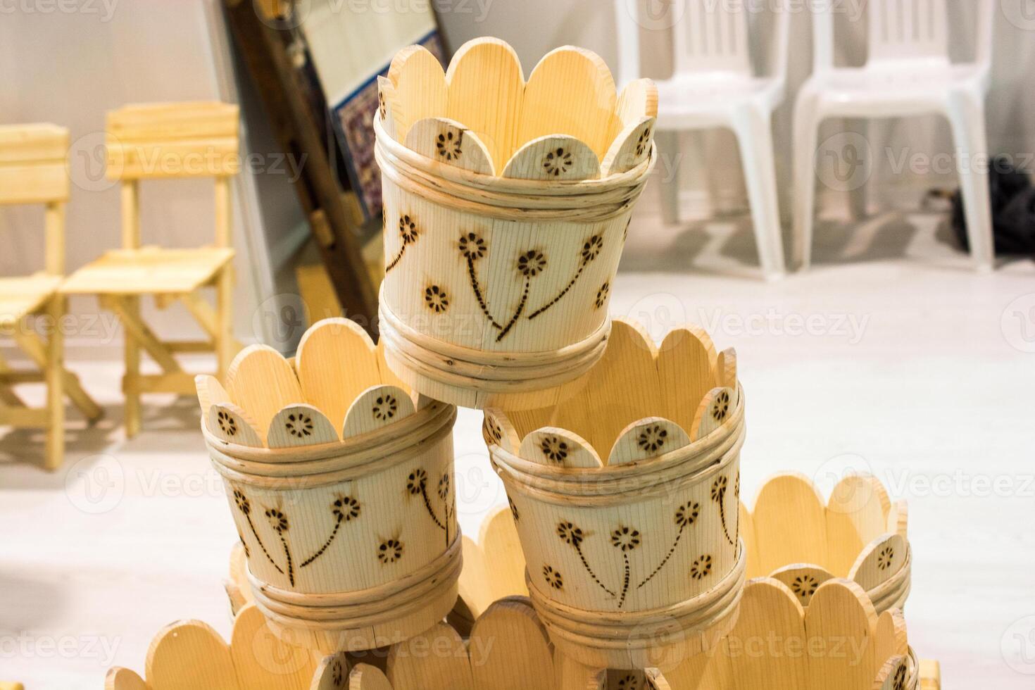 Set of buckets made of wood 16019883 Stock Photo at Vecteezy