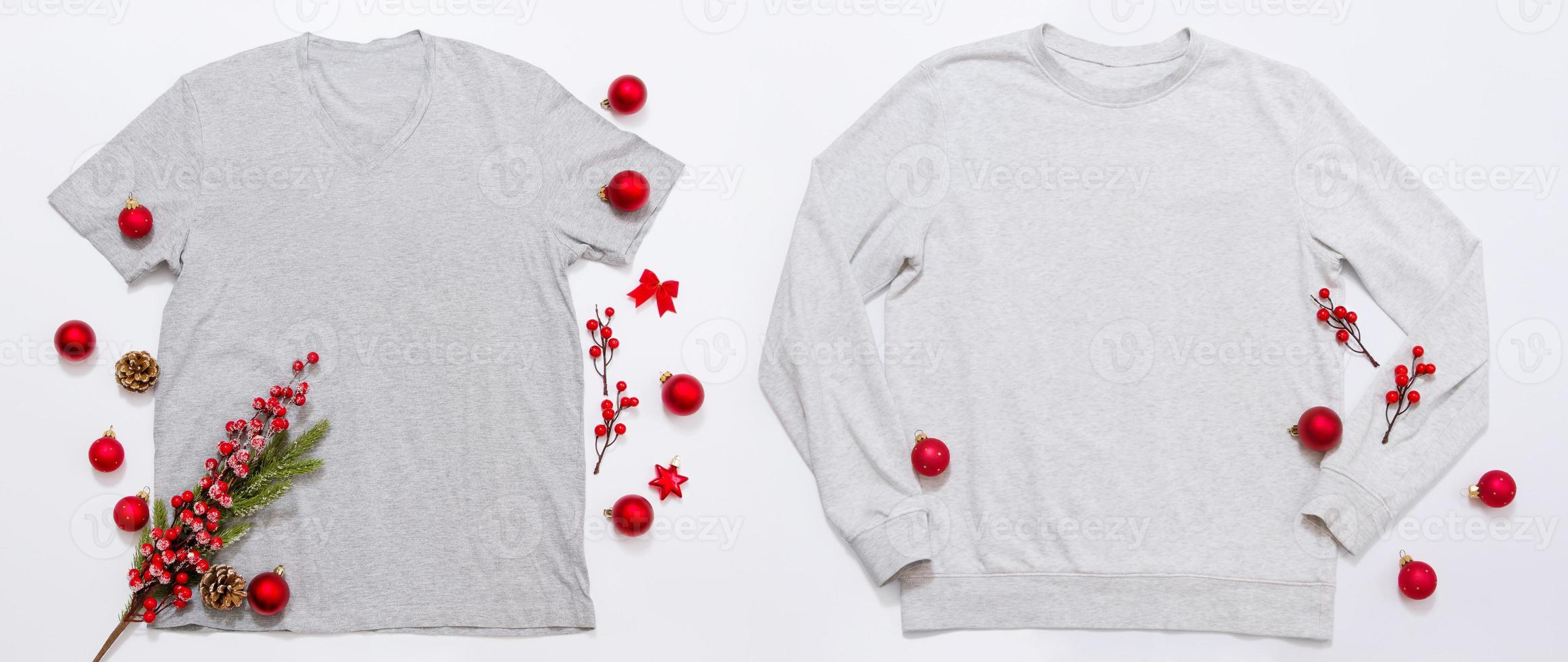 Banner Close up blank template shirt, gray sweatshirt hoodie with copy space. Christmas Holiday concept. Top view mockup sweater isolated on white background. Happy New Year decorations. Xmas jumper photo