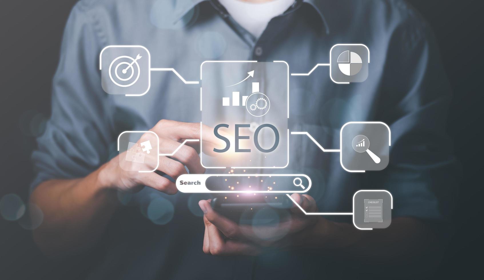 Marketer showing SEO concept through virtual icons , optimization analysis tools, search engine rankings, social media sites based on results analysis data ,Website rankings for best results photo