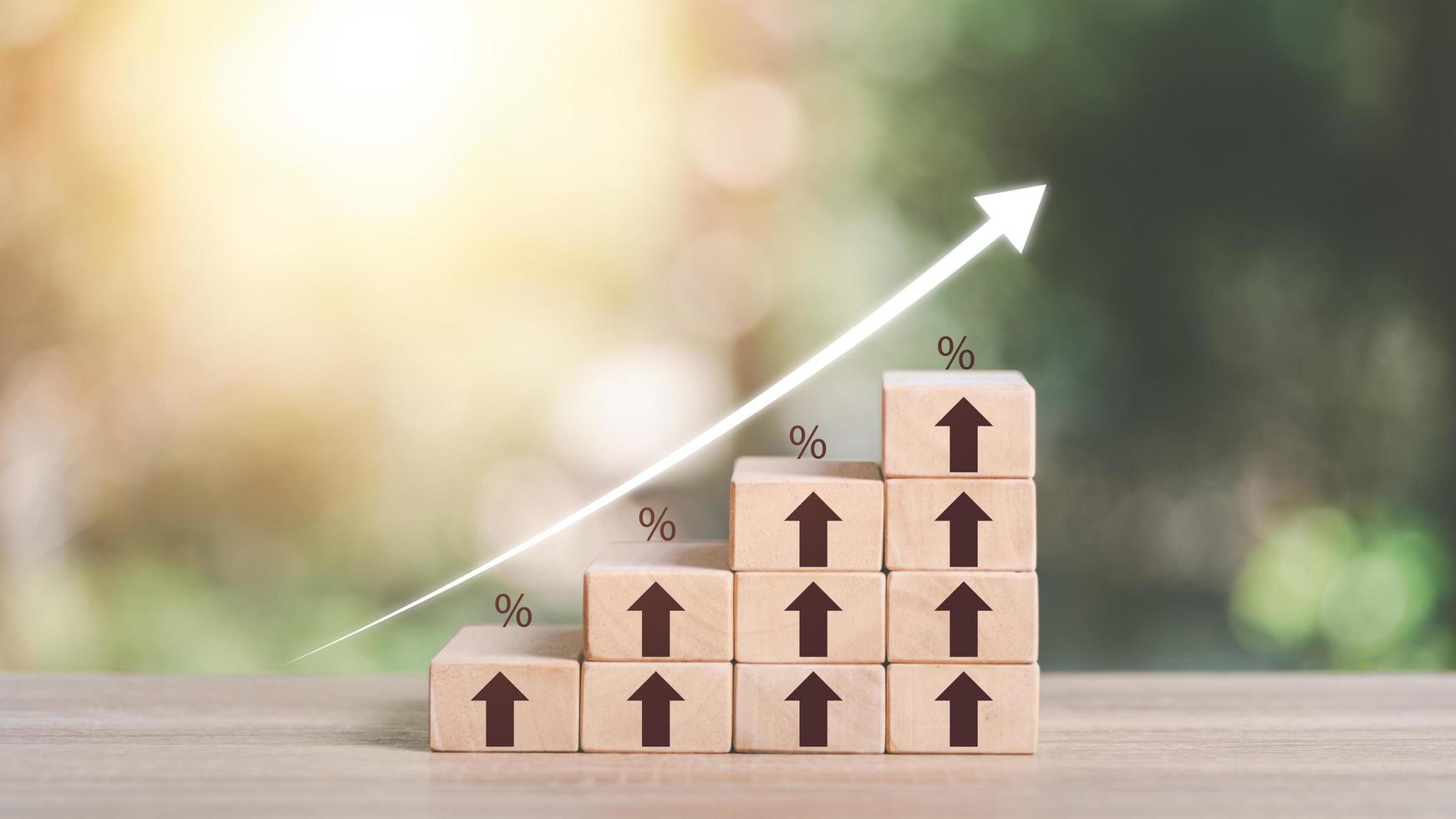 tasas de interés financieras y tasas de interés hipotecarias, la economía está mejorando, un bloque de madera con una flecha apuntando hacia arriba, porcentaje de crecimiento de la inversión, buena señal gráfica de tendencia financiera foto