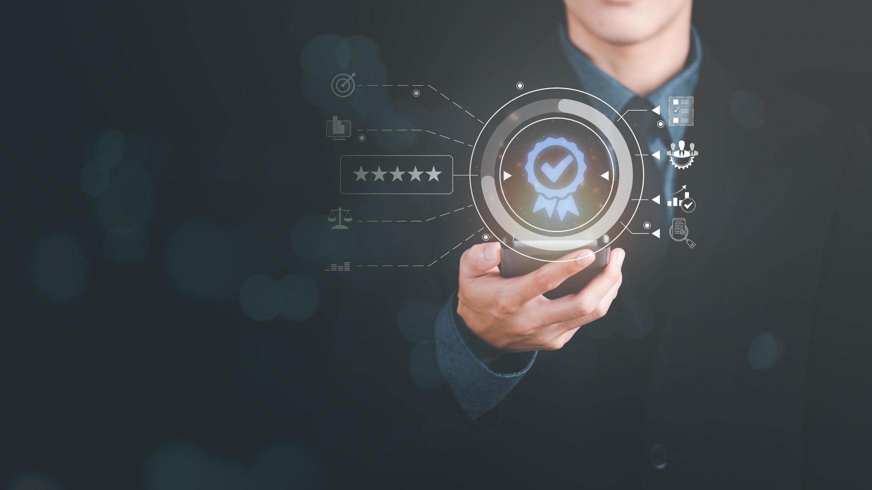 best quality assurance concept for product assurance, standard quality. business insurance Industry Certification, Guarantee, Product Certification Management,Businessman showing pointing virtual icon photo