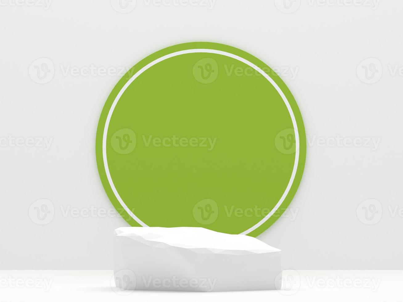 white stone podium products display minimal mockup 3d render. front view white room, lime green circle background podium shape nature. stand show cosmetic product. Stage showcase on pedestal podium. photo