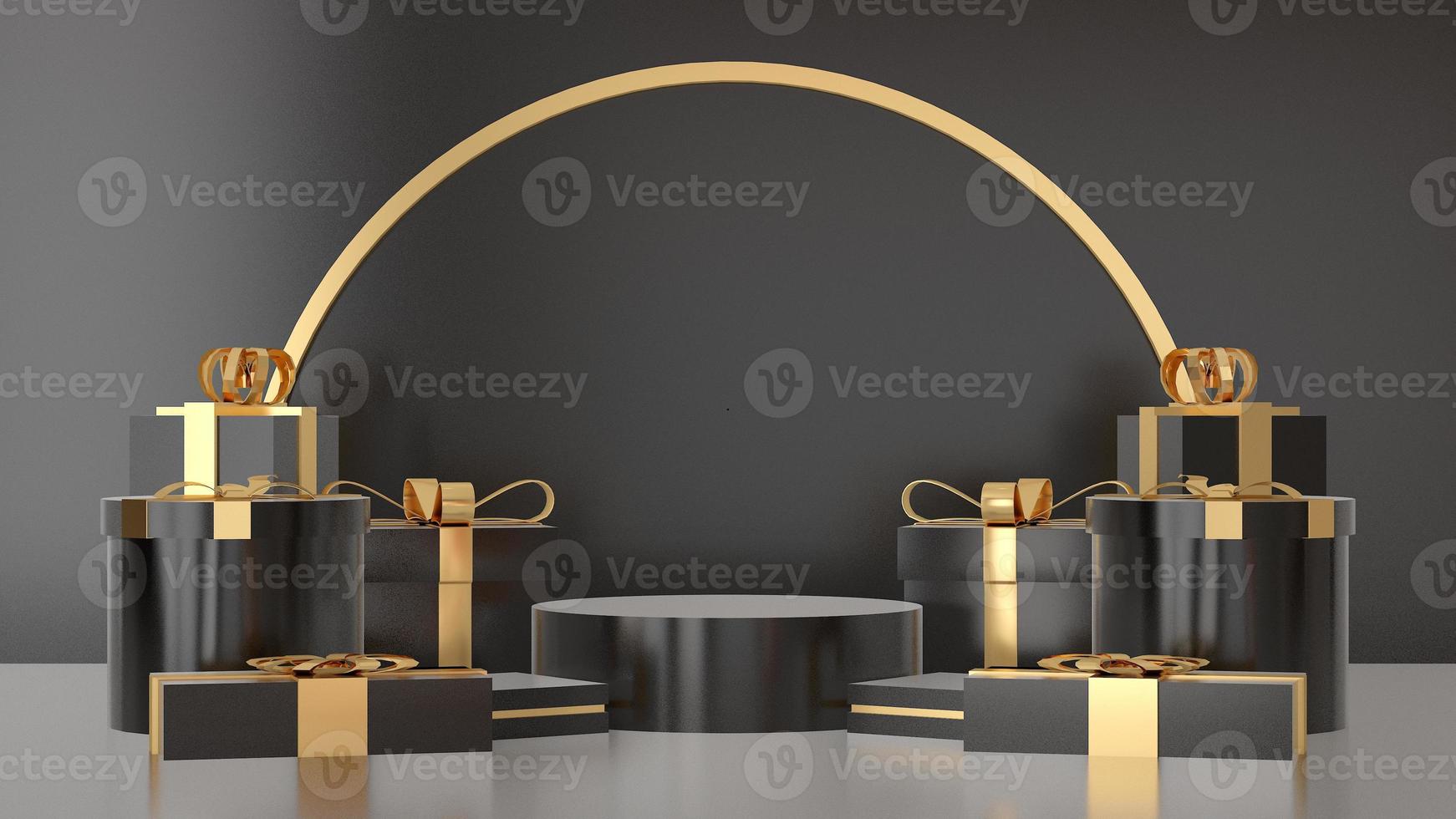 christmas pedestal podium concept. scene with christmas object and black background, black product display, luxury 3d render. stand for christmas gift, showcase, cosmetic, podium product. photo