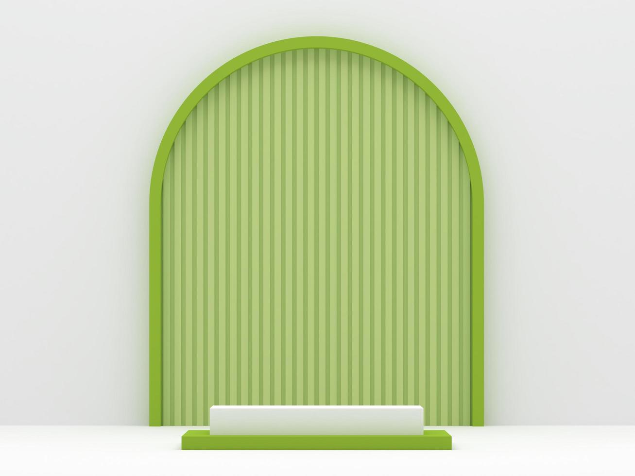 geometry podium products display minimal mockup 3d render. front view white room, lime green arch background podium shape geometric. stand show cosmetic product. Stage showcase on pedestal podium. photo