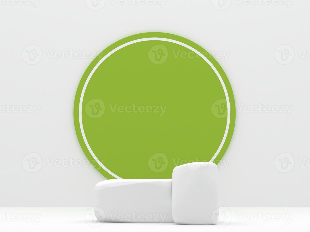 white stone podium products display minimal mockup 3d render. front view white room, lime green circle background podium shape nature. stand show cosmetic product. Stage showcase on pedestal podium. photo