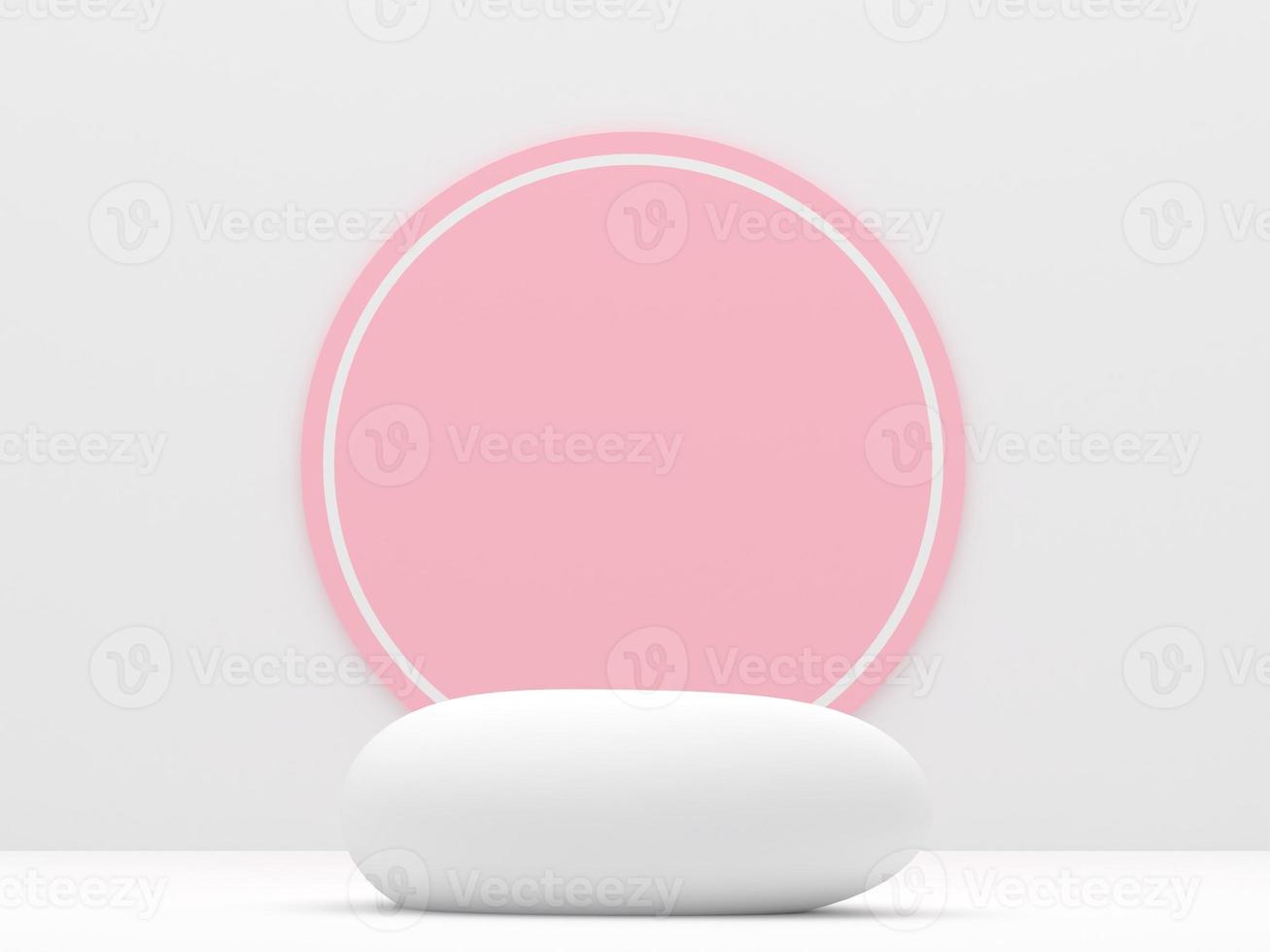 los productos de podio de piedra blanca muestran un renderizado 3d de maqueta mínimo. vista frontal sala blanca rosa circulo fondo podio forma naturaleza. stand mostrar producto cosmético. escaparate de escenario en podio de pedestal. foto