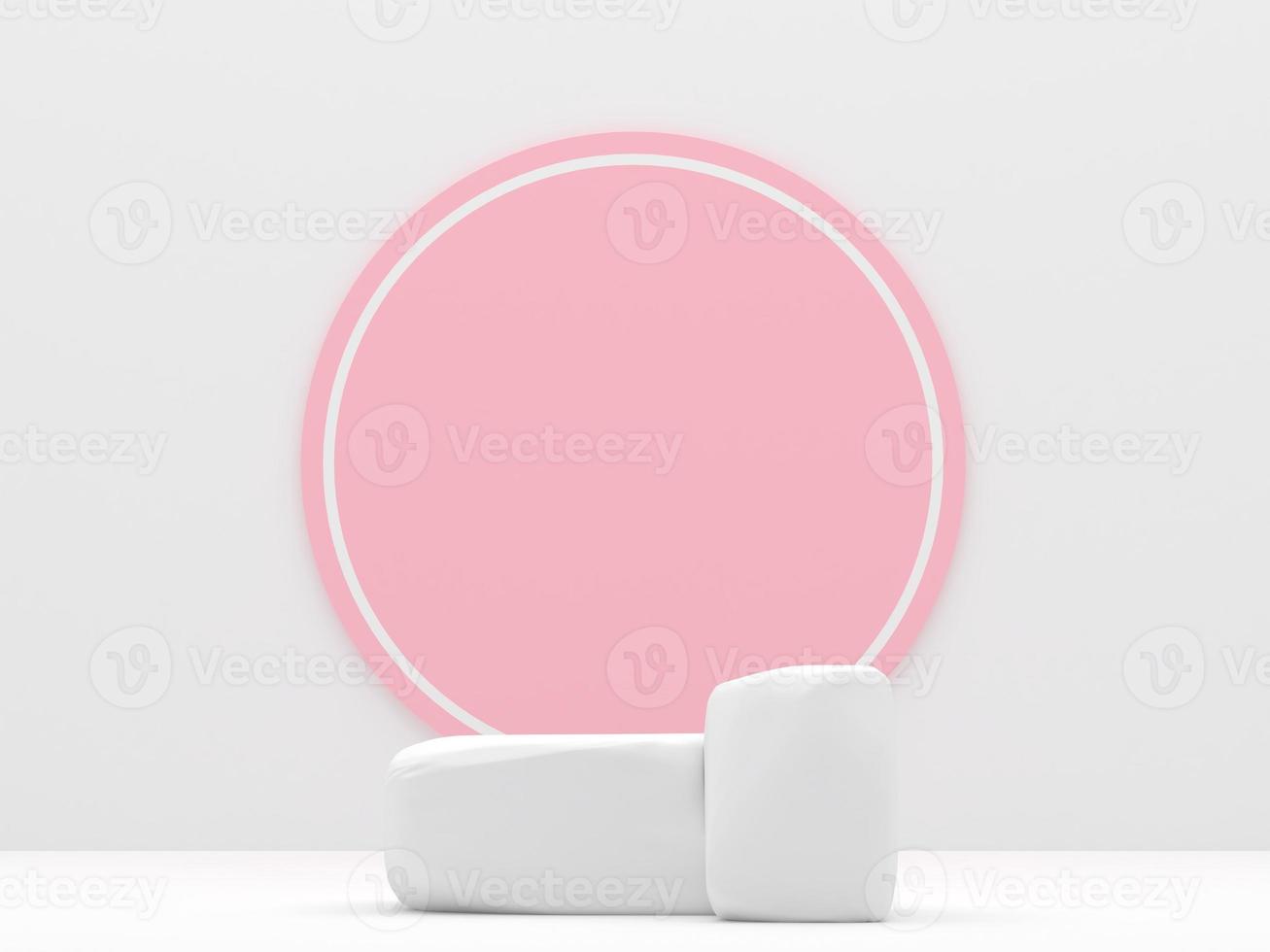 los productos de podio de piedra blanca muestran un renderizado 3d de maqueta mínimo. vista frontal sala blanca rosa circulo fondo podio forma naturaleza. stand mostrar producto cosmético. escaparate de escenario en podio de pedestal. foto