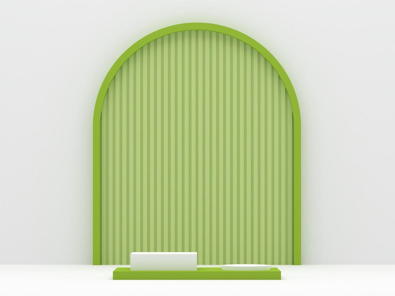 geometry podium products display minimal mockup 3d render. front view white room, lime green arch background podium shape geometric. stand show cosmetic product. Stage showcase on pedestal podium. photo