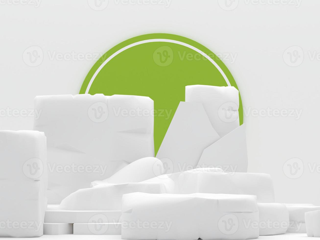 white stone podium products display minimal mockup 3d render. front view white room, lime green circle background podium shape nature. stand show cosmetic product. Stage showcase on pedestal podium. photo