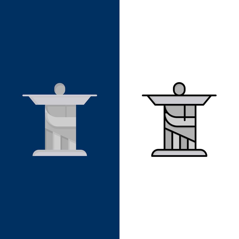 jesucristo monumento hito iconos planos y llenos de línea conjunto de iconos vector fondo azul