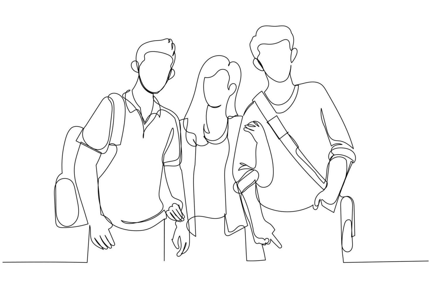 Illustration of males and female students standing posing looking to camera. Single line art style vector