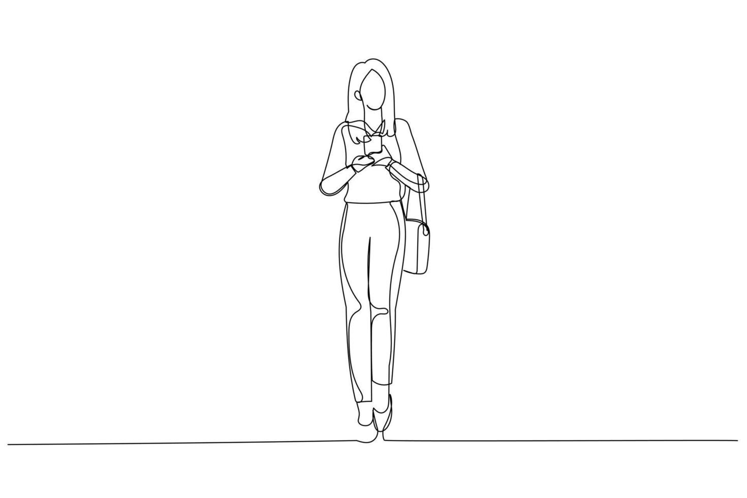 Cartoon of asian young businesswoman use smart phone while commuting in city. One continuous line art style vector