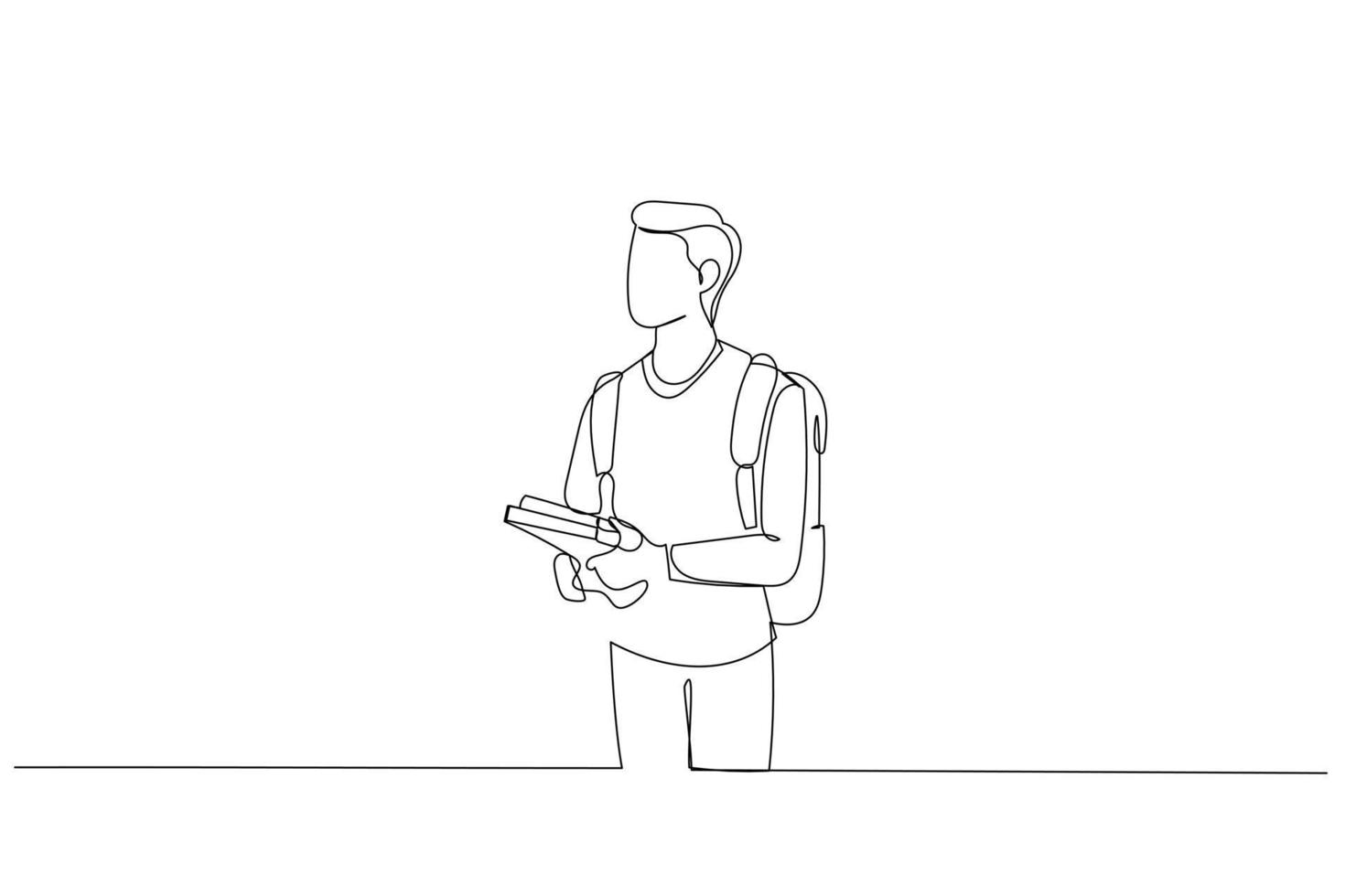 Drawing of young male college student holding books and wear backpack. Single continuous line art style vector