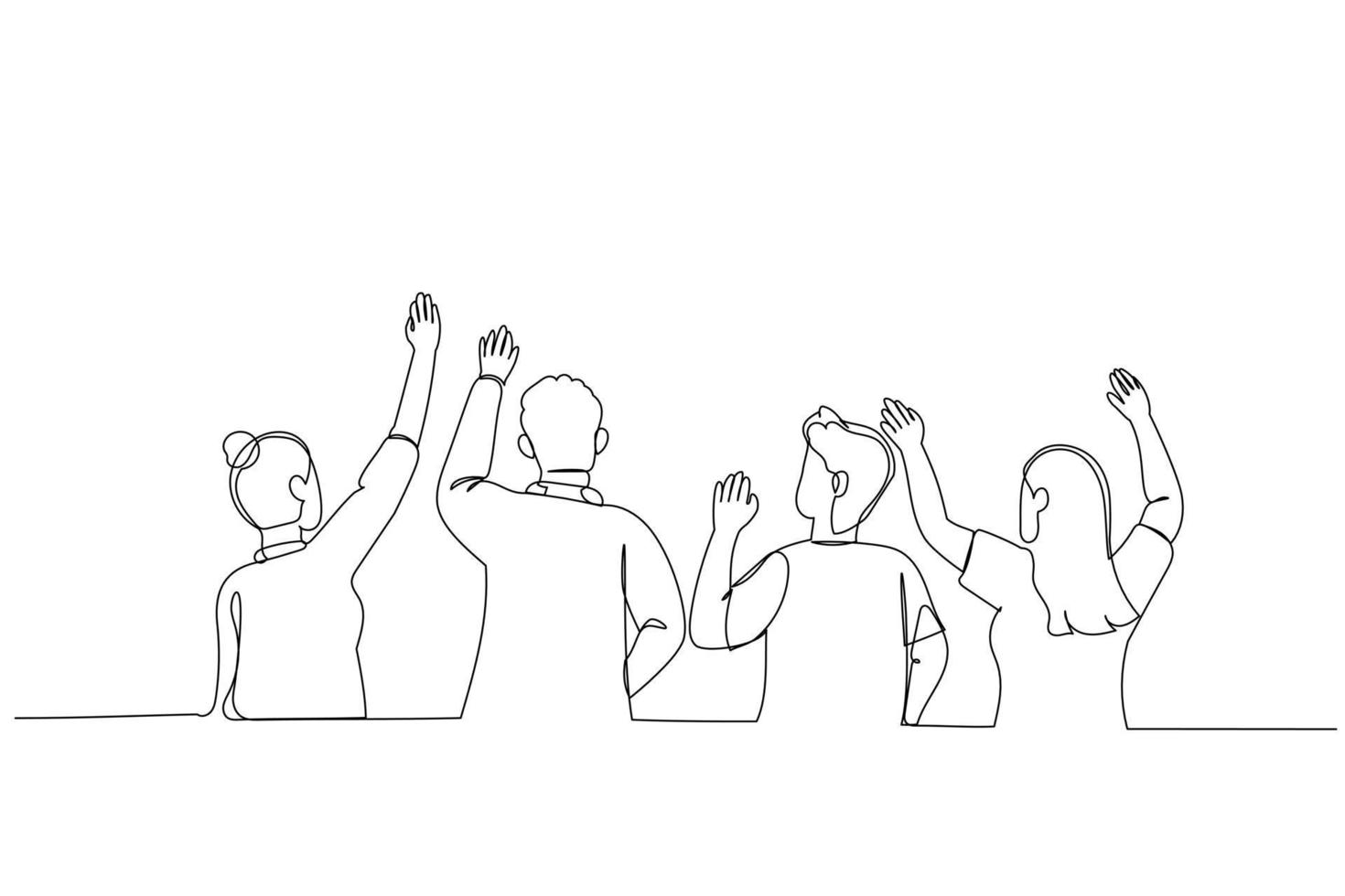 Illustration of group of people looking up and pointing with fingers. Single continuous line art style vector